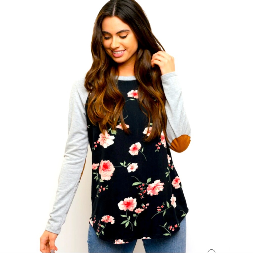 🐞🌺3 for$35🌺🐞NWT First Look Women’s Floral Elbow Patches Long Sleeve Top Blk